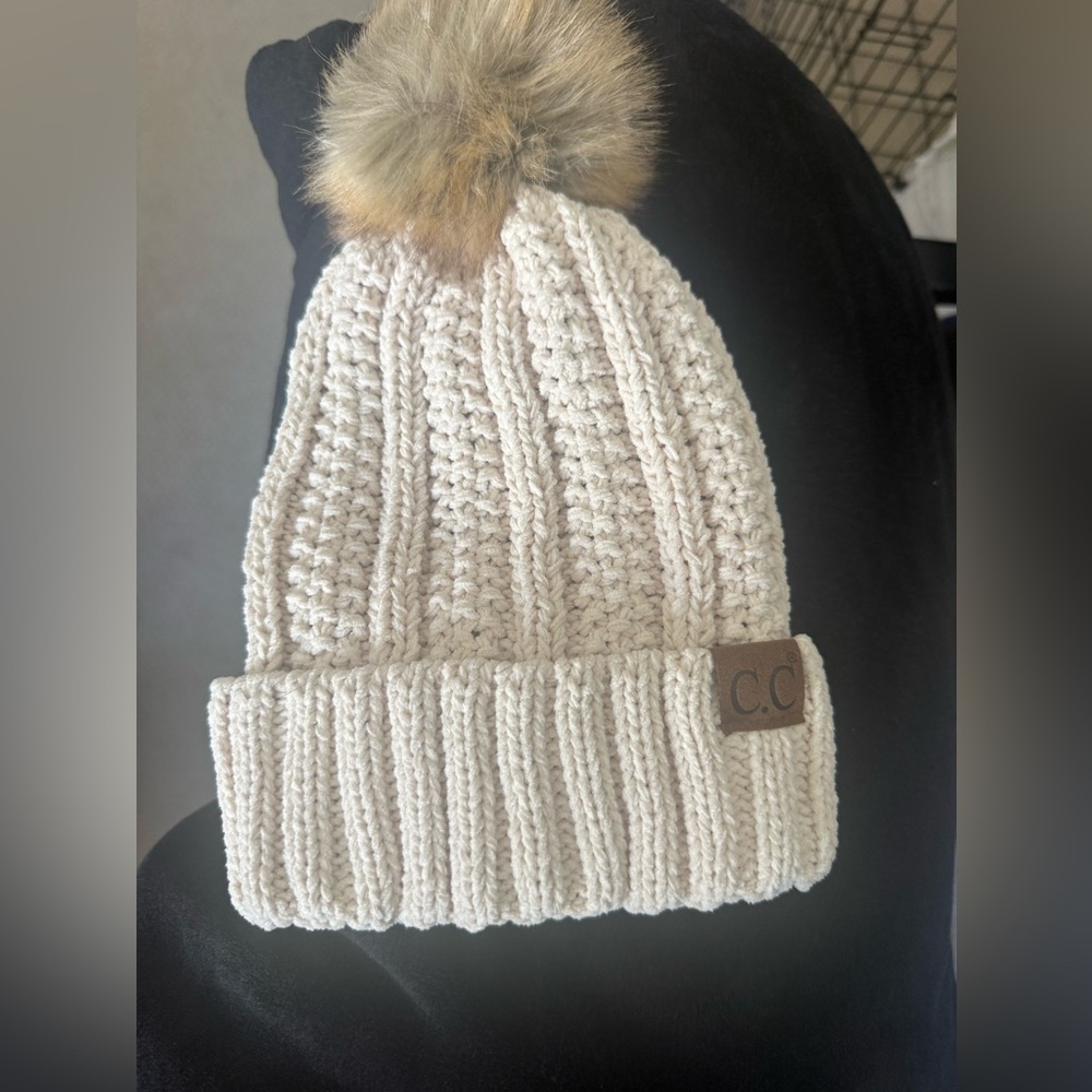 C.C Ivory Knit Beanie with Faux Fur Pom